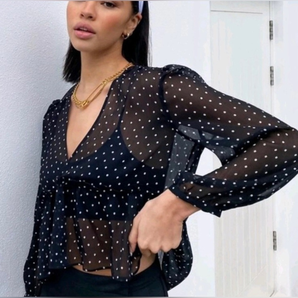 Aritzia Sunday Best Jinx Black Sheer Polka Dot V-Neck Blouse | Size M
